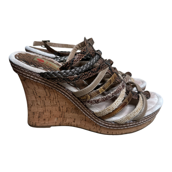 Two Lips Tan Reptile Faux Leather Strappy Cork Wedge Heels Sandals Size 9 - Picture 4 of 7